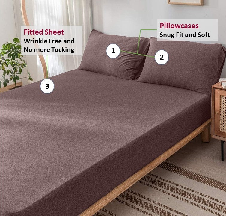 Jersey Cotton Feel Polyester Fitted Bed Sheet With Pillow Covers Fits Up to 6"Mattress