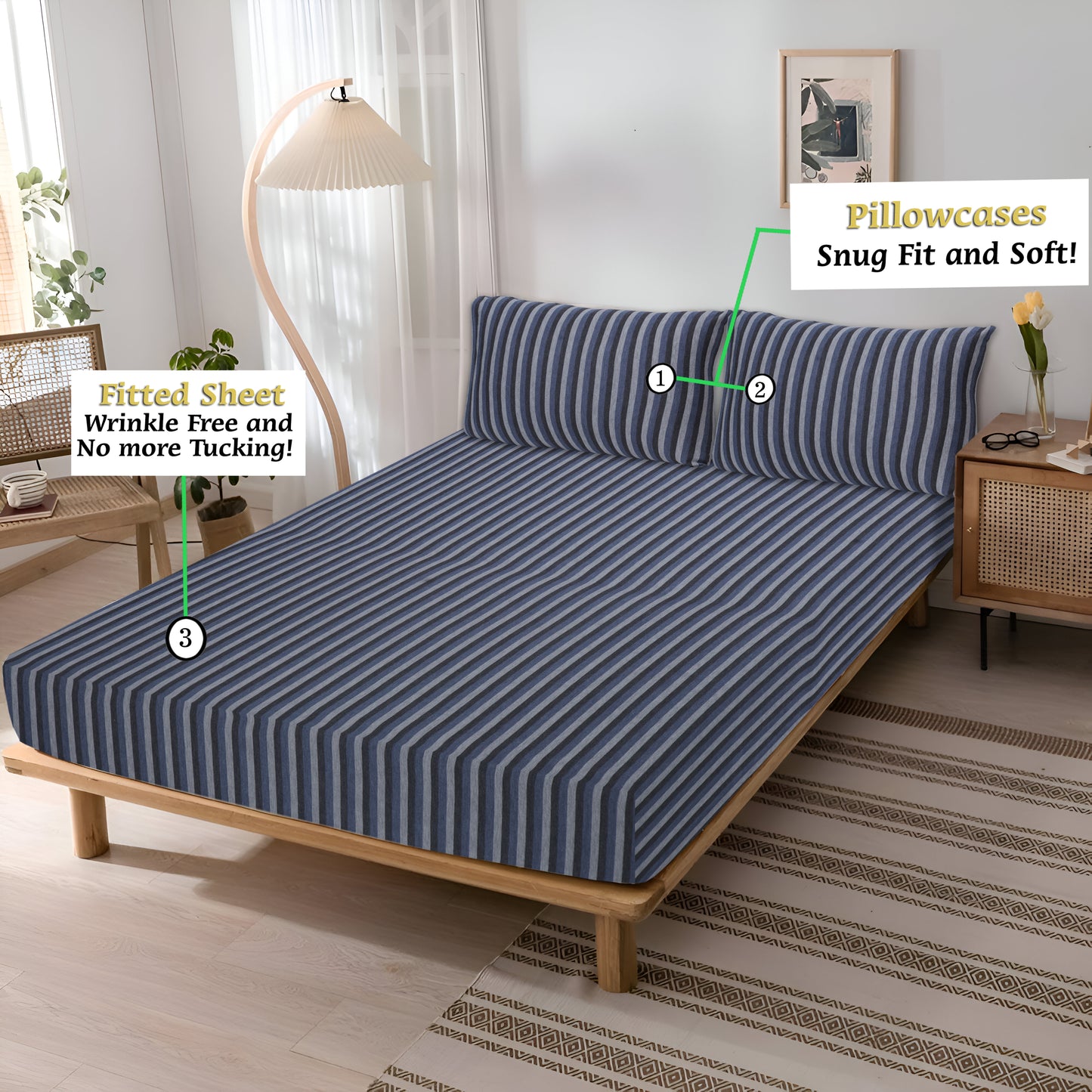 Jersey Cotton Feel Polyester Fitted Bed Sheet Set With 2 Pillow Covers Fits Up to 6"Mattress