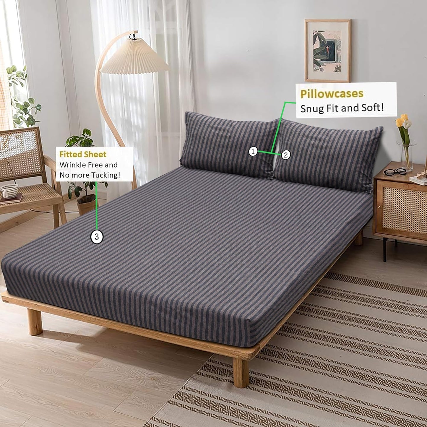 Jersey Cotton Feel Polyester Fitted Bed Sheet Set With 2 Pillow Covers Fits Up to 6"Mattress