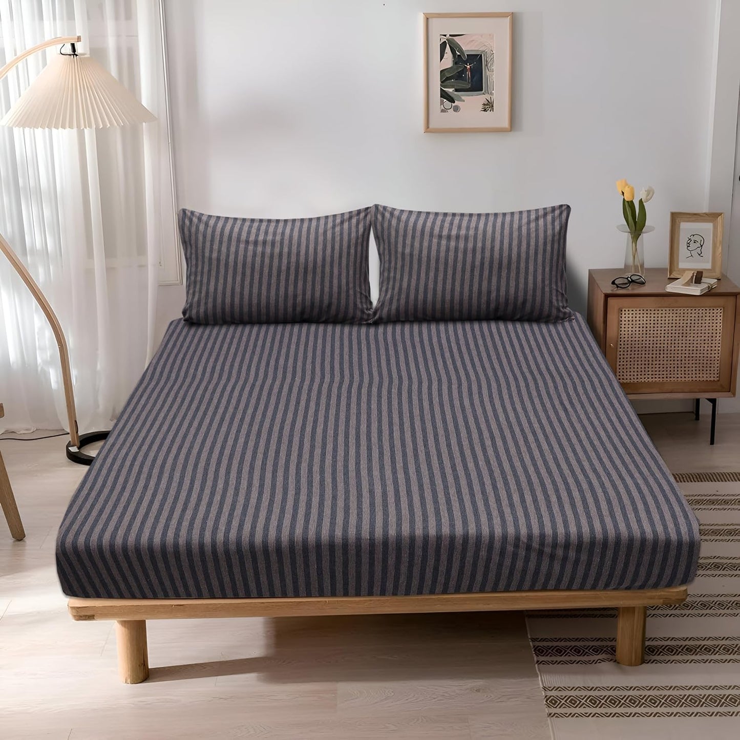 Jersey Cotton Feel Polyester Fitted Bed Sheet Set With 2 Pillow Covers Fits Up to 6"Mattress