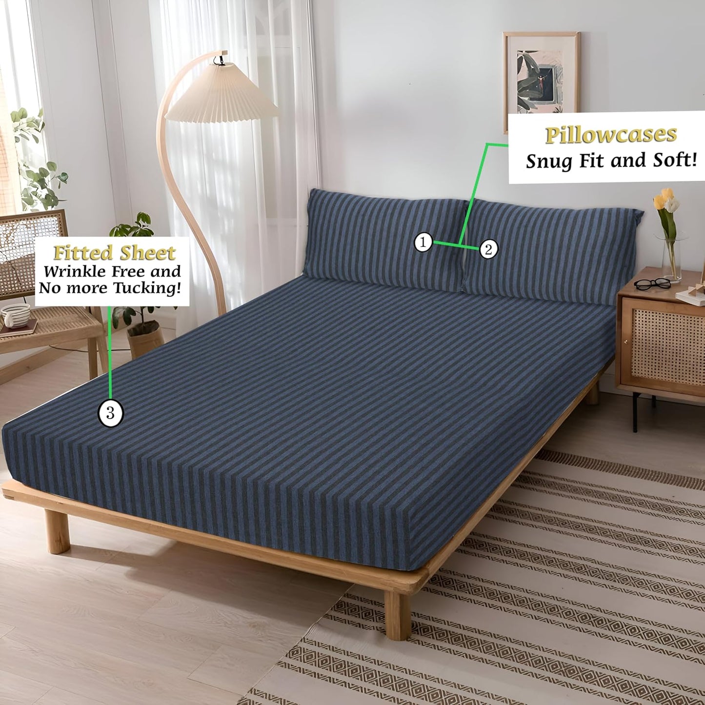 Jersey Cotton Feel Polyester Fitted Bed Sheet Set With 2 Pillow Covers Fits Up to 6"Mattress