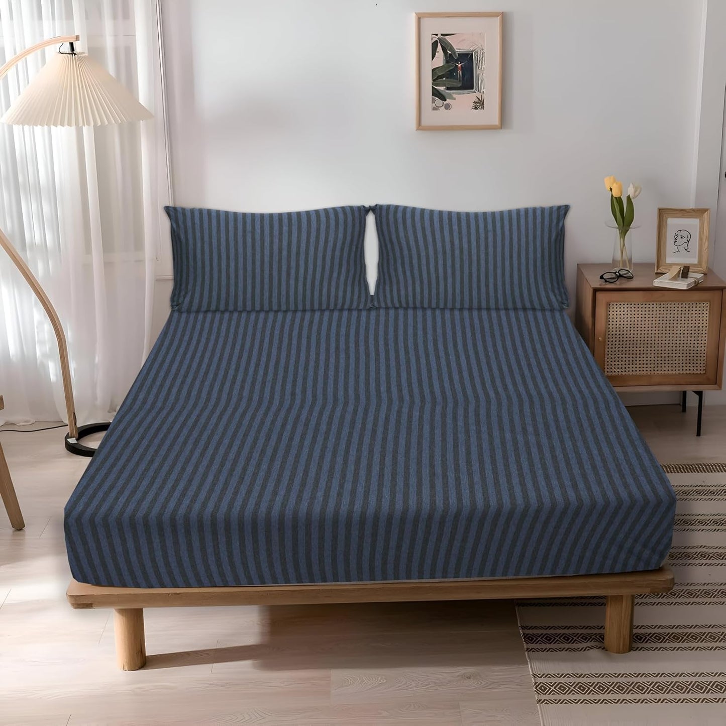 Jersey Cotton Feel Polyester Fitted Bed Sheet Set With 2 Pillow Covers Fits Up to 6"Mattress