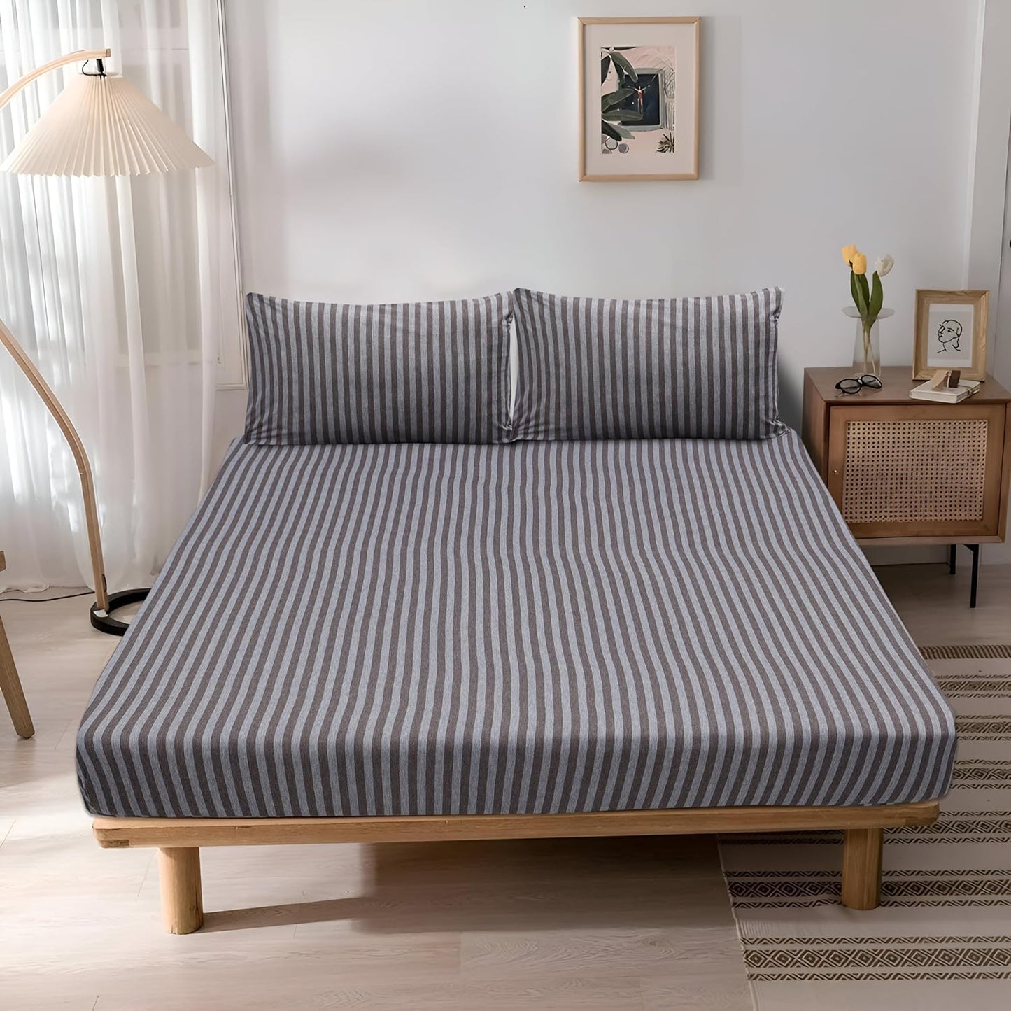 Jersey Cotton Feel Polyester Fitted Bed Sheet Set With 2 Pillow Covers Fits Up to 6"Mattress