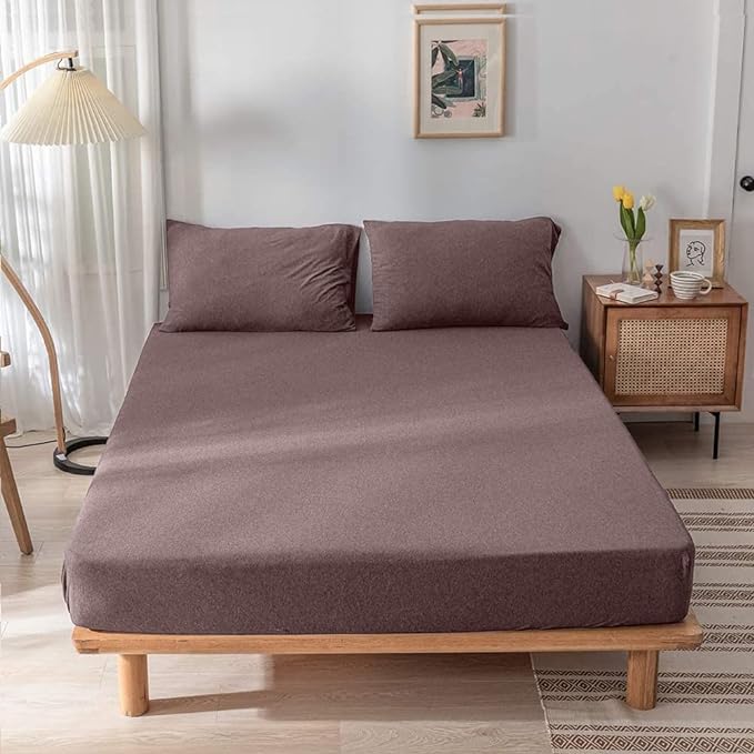 Jersey Cotton Feel Polyester Fitted Bed Sheet With Pillow Covers Fits Up to 6"Mattress