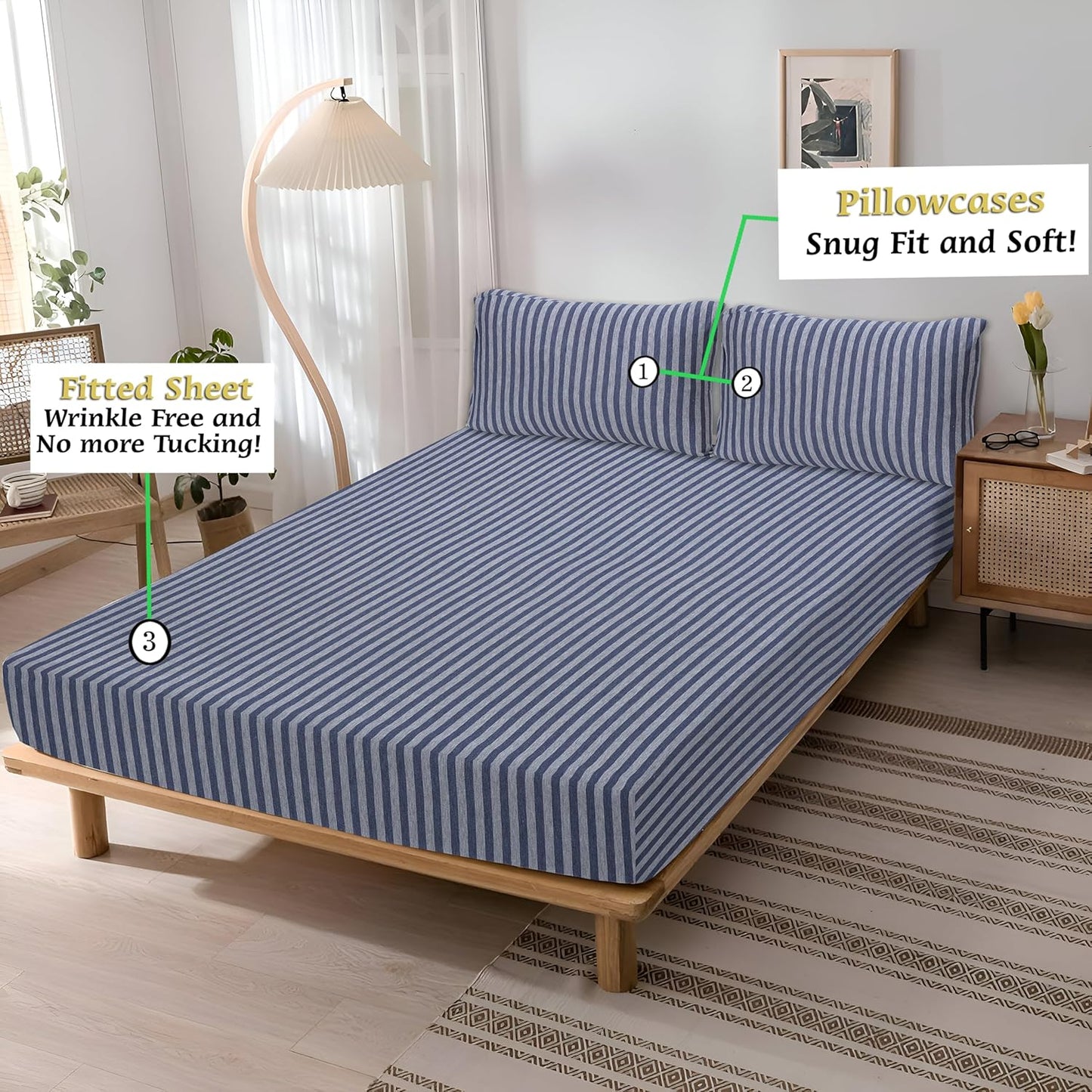 Jersey Cotton Feel Polyester Fitted Bed Sheet Set With 2 Pillow Covers Fits Up to 6"Mattress