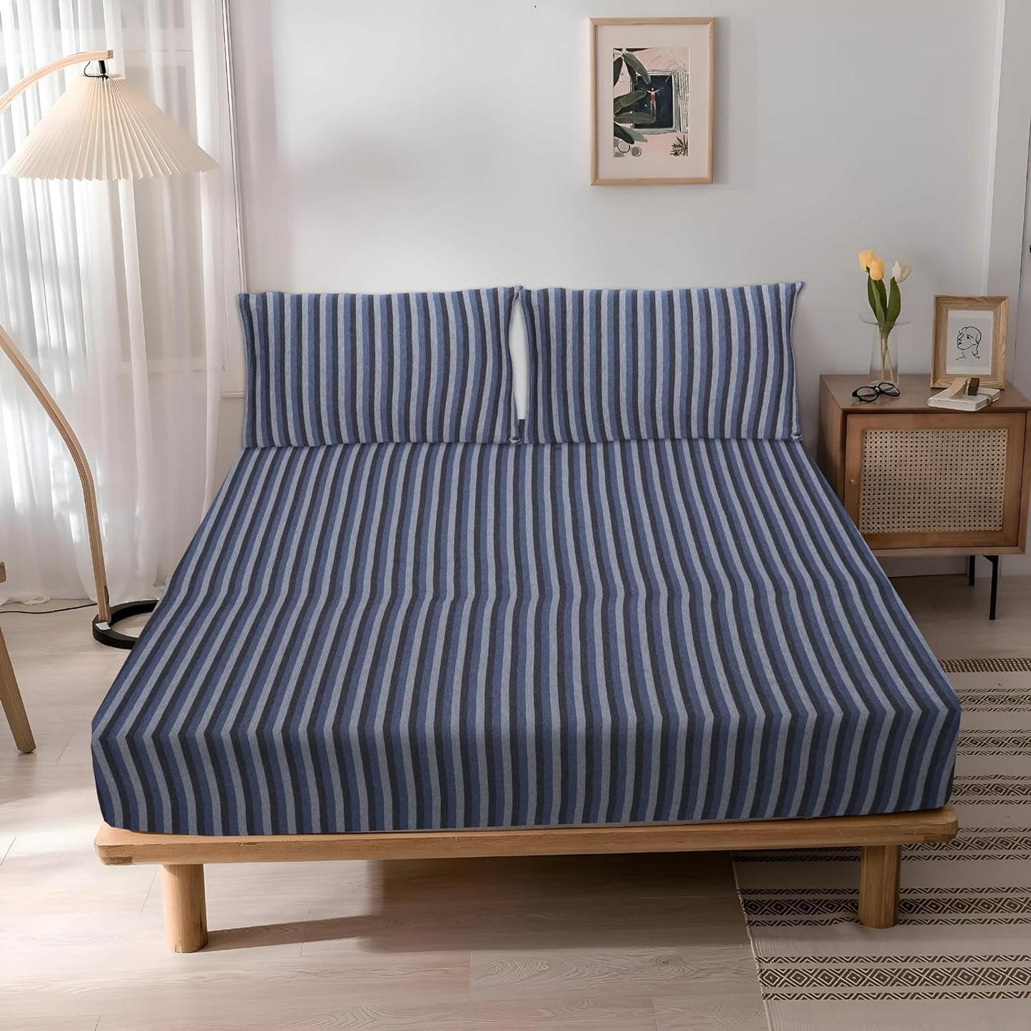 Jersey Cotton Feel Polyester Fitted Bed Sheet Set With 2 Pillow Covers Fits Up to 6"Mattress