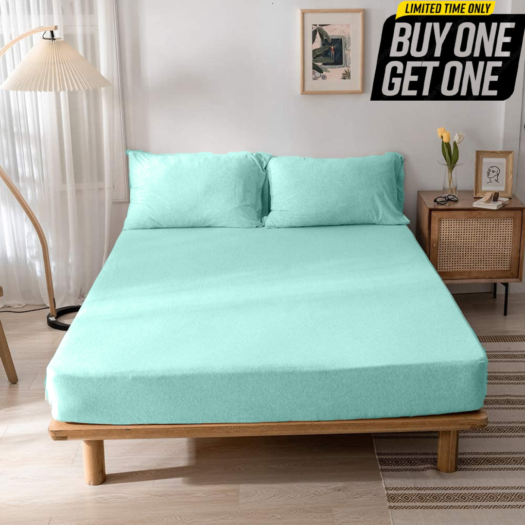 Wrinkle and Iron Free 100% Cotton Jersey Fitted Bed Sheet with Pillow Covers Fits Up to 6" Mattress