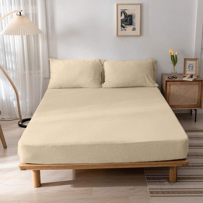 Wrinkle and Iron Free 100% Cotton Jersey Knitted Fitted Bed Sheet  with Pillow Covers Fits Up to 6" to 8" Mattress