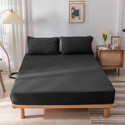 Jersey Cotton Feel Polyester Fitted Bed Sheet With Pillow Covers Fits Up to 6"Mattress