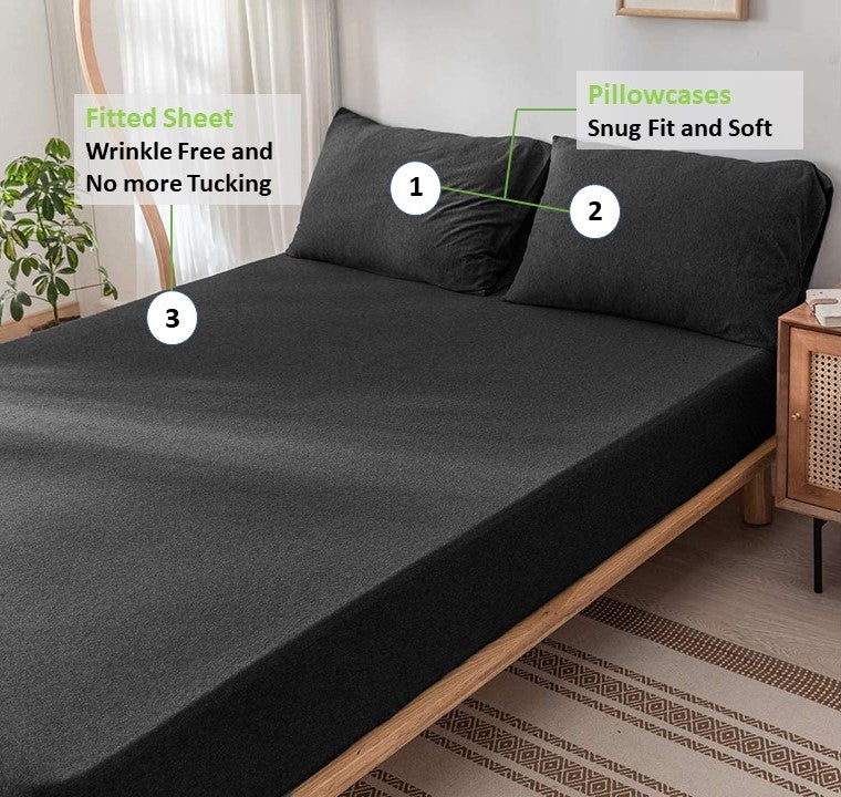 Jersey Cotton Feel Polyester Fitted Bed Sheet With Pillow Covers Fits Up to 6"Mattress