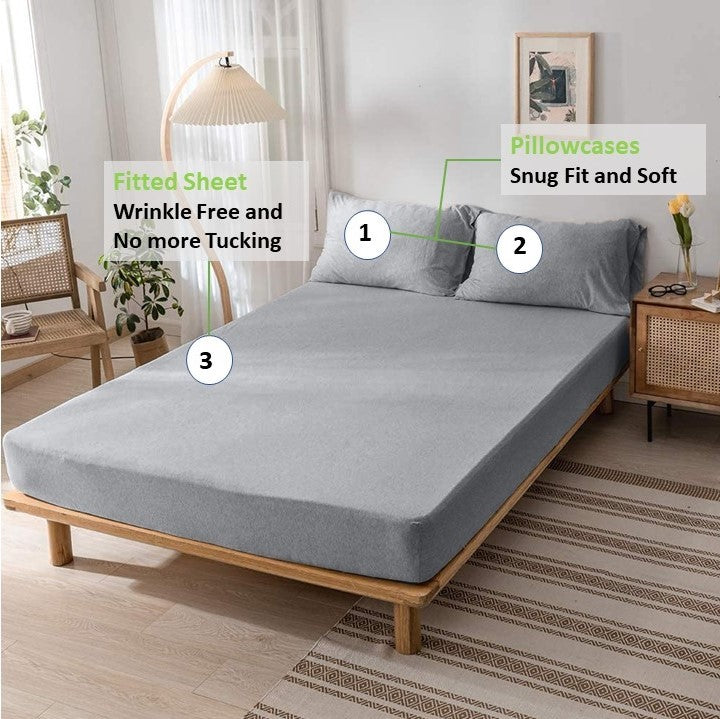 Jersey Cotton Feel Polyester Fitted Bed Sheet With Pillow Covers Fits Up to 6"Mattress