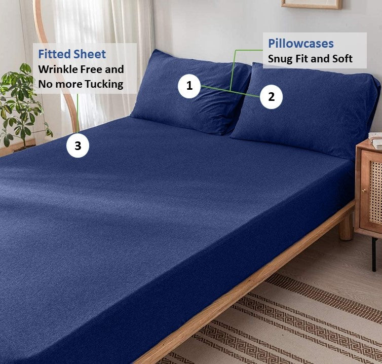 Jersey Cotton Rich Fitted Bed Sheet With 2 Pillow Covers Up to 6" Fits Mattress