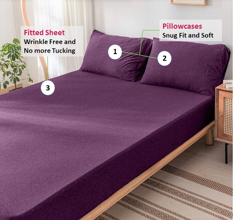 Jersey Cotton Rich Fitted Bed Sheet With 2 Pillow Covers Up to 6" Fits Mattress