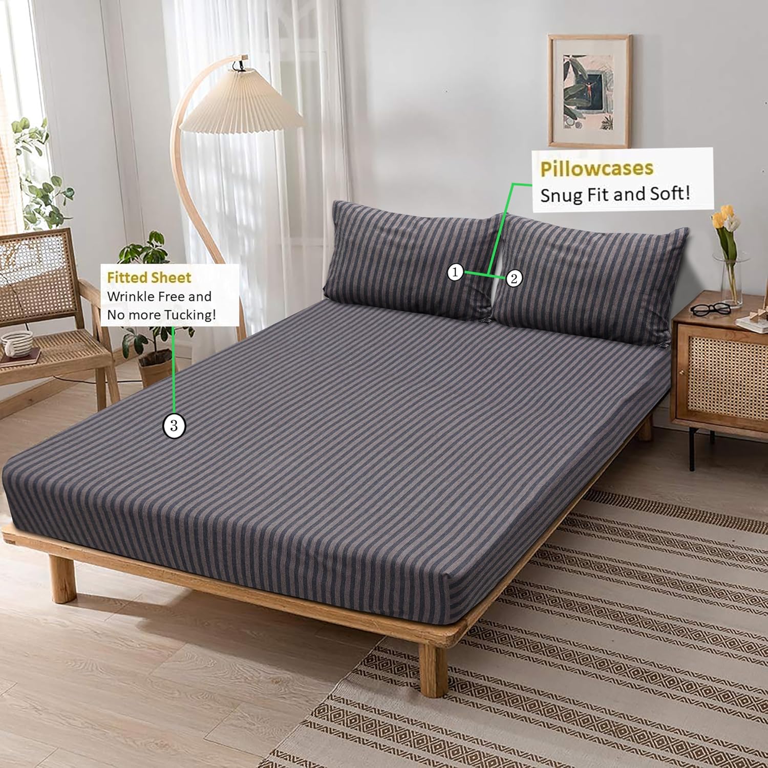 Jersey Cotton Feel Polyester Fitted Bed Sheet With Pillow Covers Fits Up to 6"Mattress