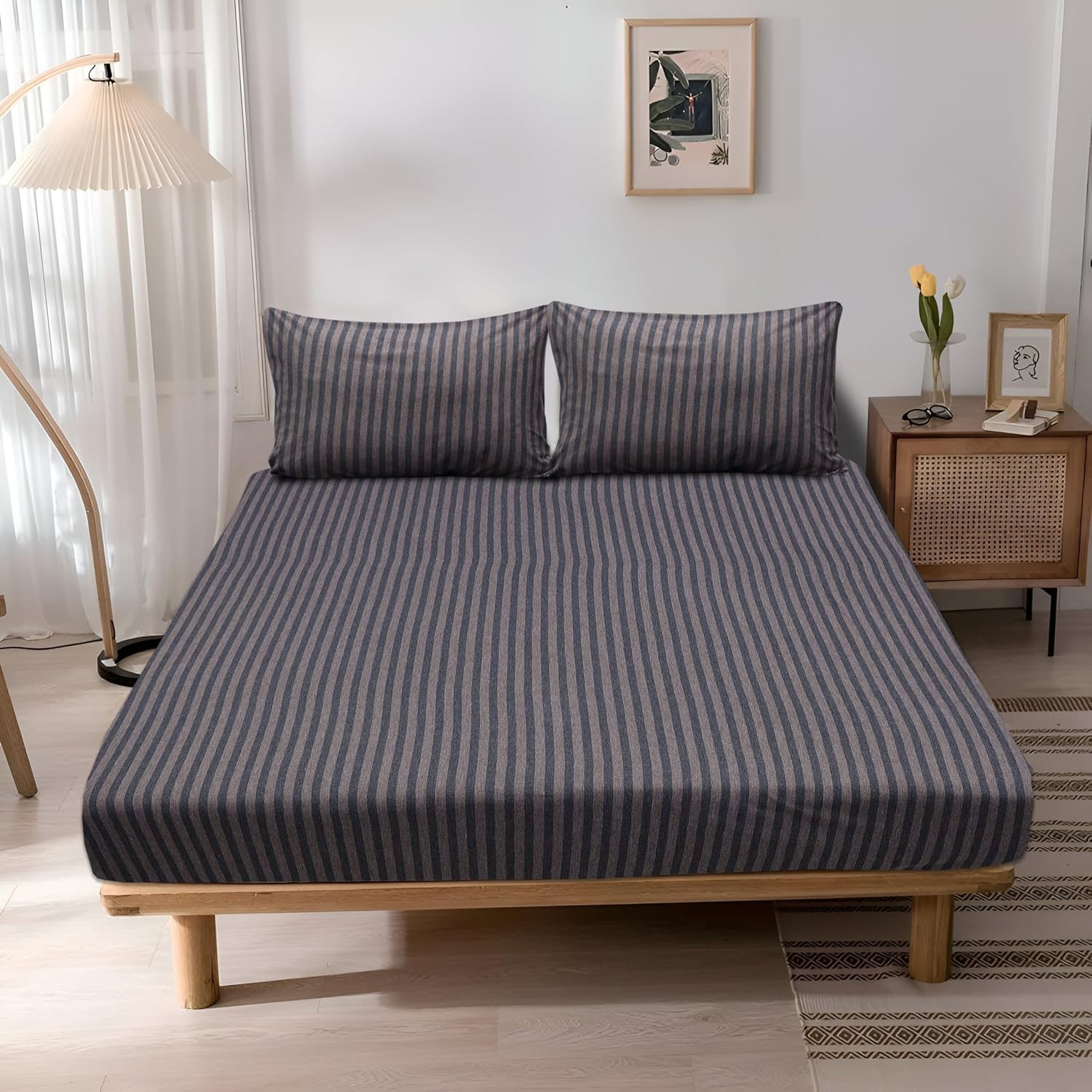 Jersey Cotton Feel Polyester Fitted Bed Sheet With Pillow Covers Fits Up to 6"Mattress