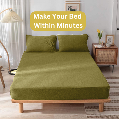 Jersey Cotton Feel Polyester Fitted Bed Sheet With Pillow Covers Fits Up to 6"Mattress