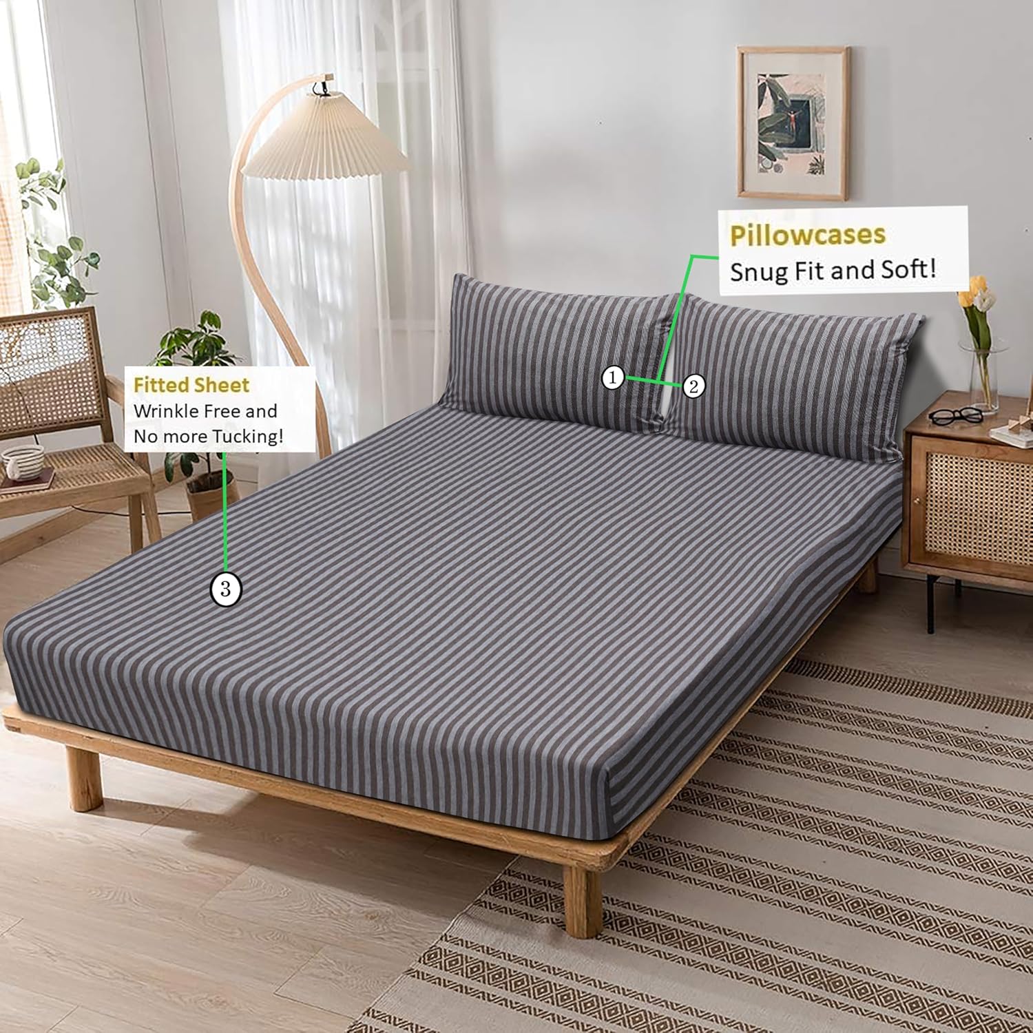 Jersey Cotton Feel Polyester Fitted Bed Sheet With Pillow Covers Fits Up to 6"Mattress