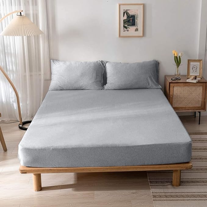 Jersey Cotton Feel Polyester Fitted Bed Sheet With Pillow Covers Fits Up to 6"Mattress