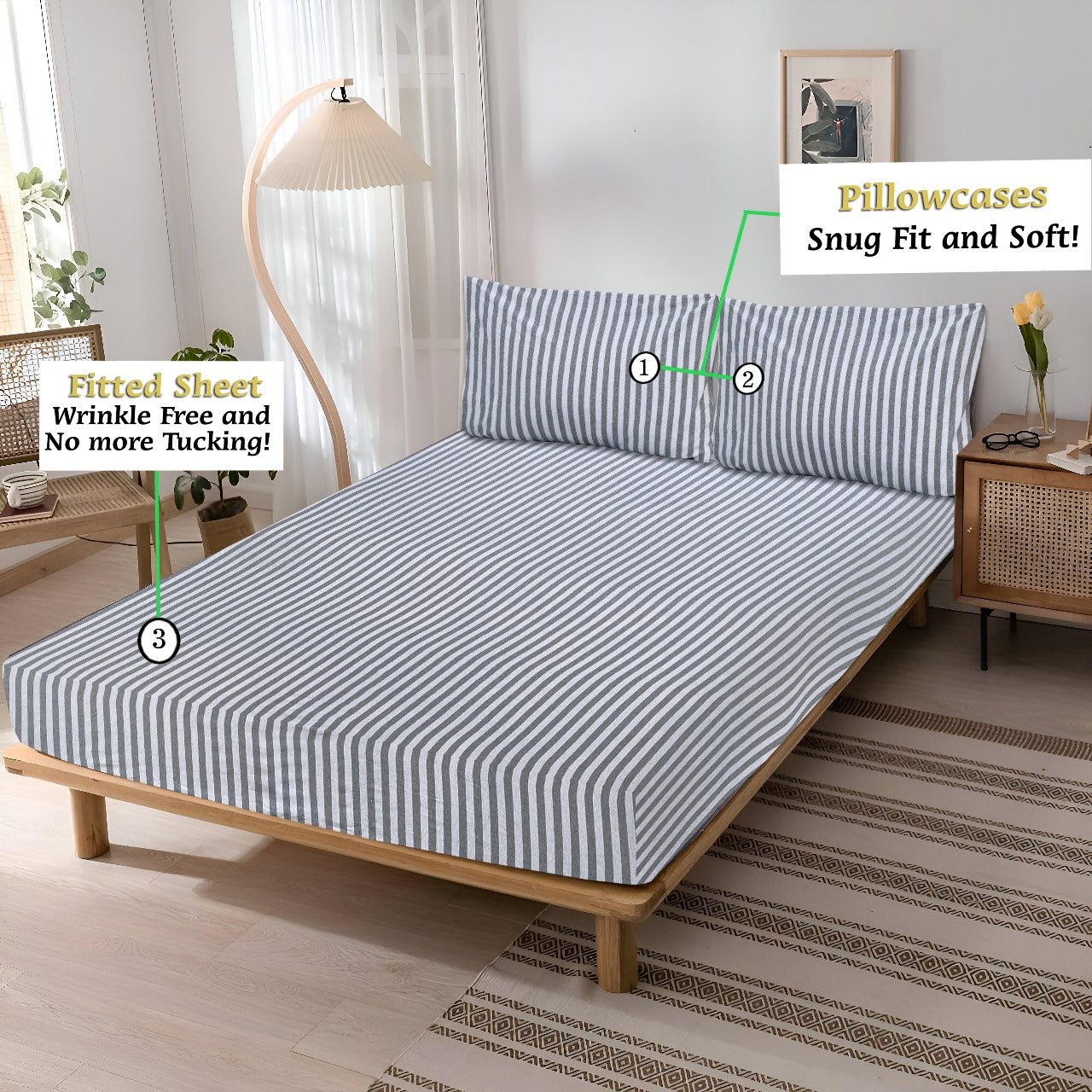 Jersey Cotton Rich Fitted Bed Sheet With 2 Pillow Covers Up to 6" Fits Mattress