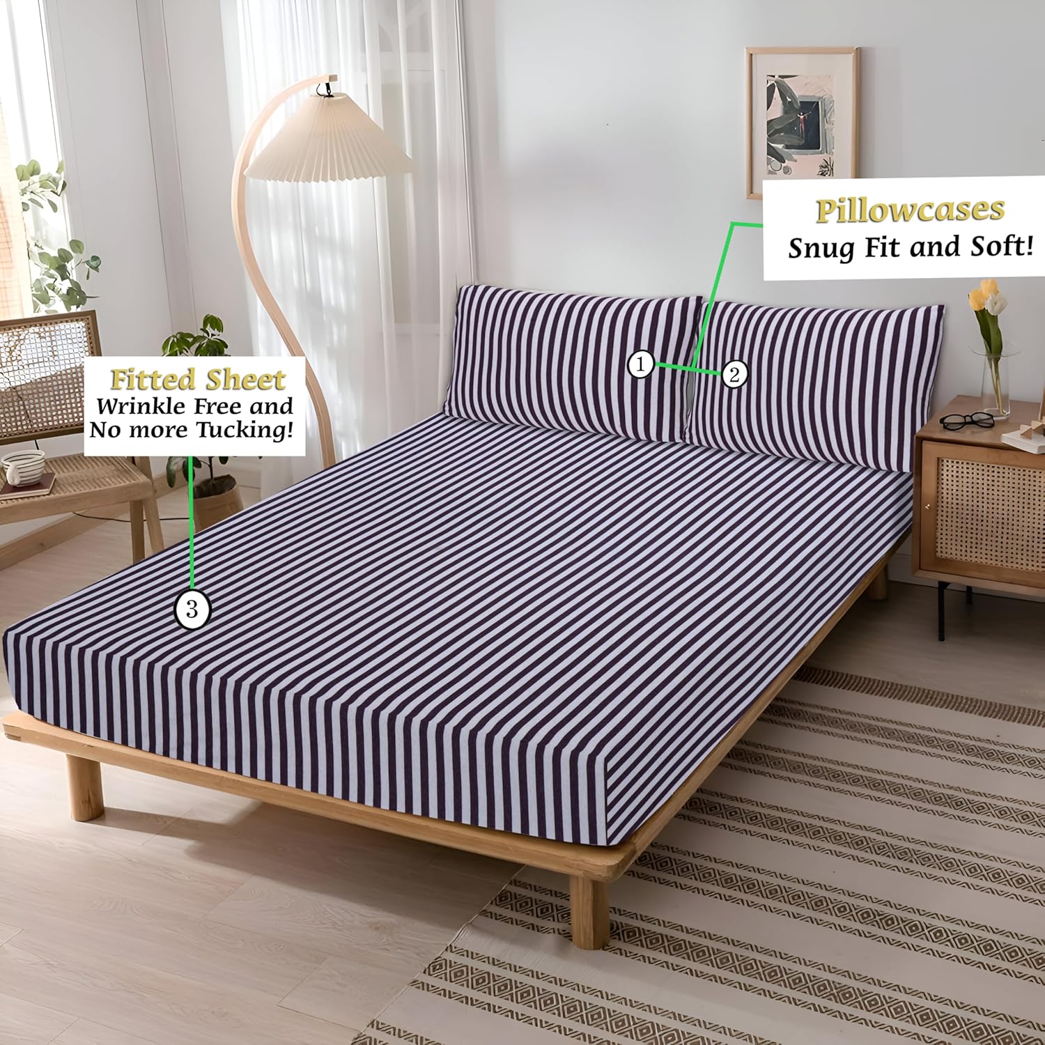 Jersey Cotton Rich Fitted Bed Sheet With 2 Pillow Covers Up to 6" Fits Mattress