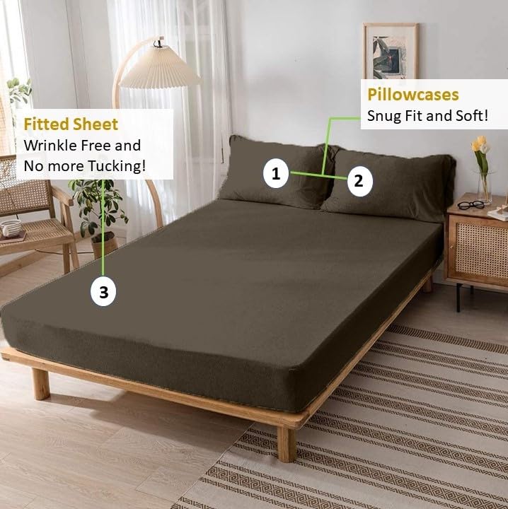 Jersey Cotton Rich Fitted Bed Sheet With 2 Pillow Covers Up to 6" Fits Mattress