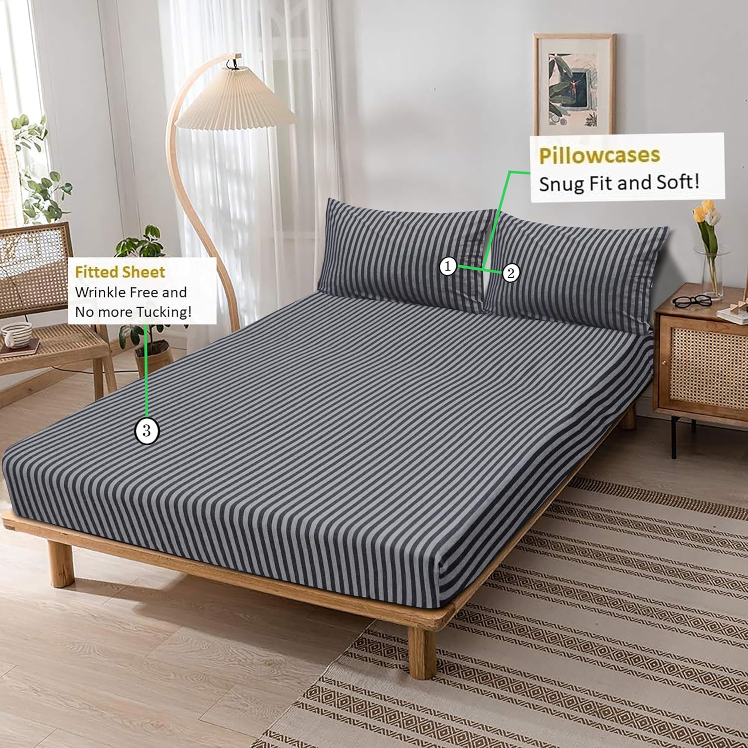 Jersey Cotton Feel Polyester Fitted Bed Sheet With Pillow Covers Fits Up to 6"Mattress