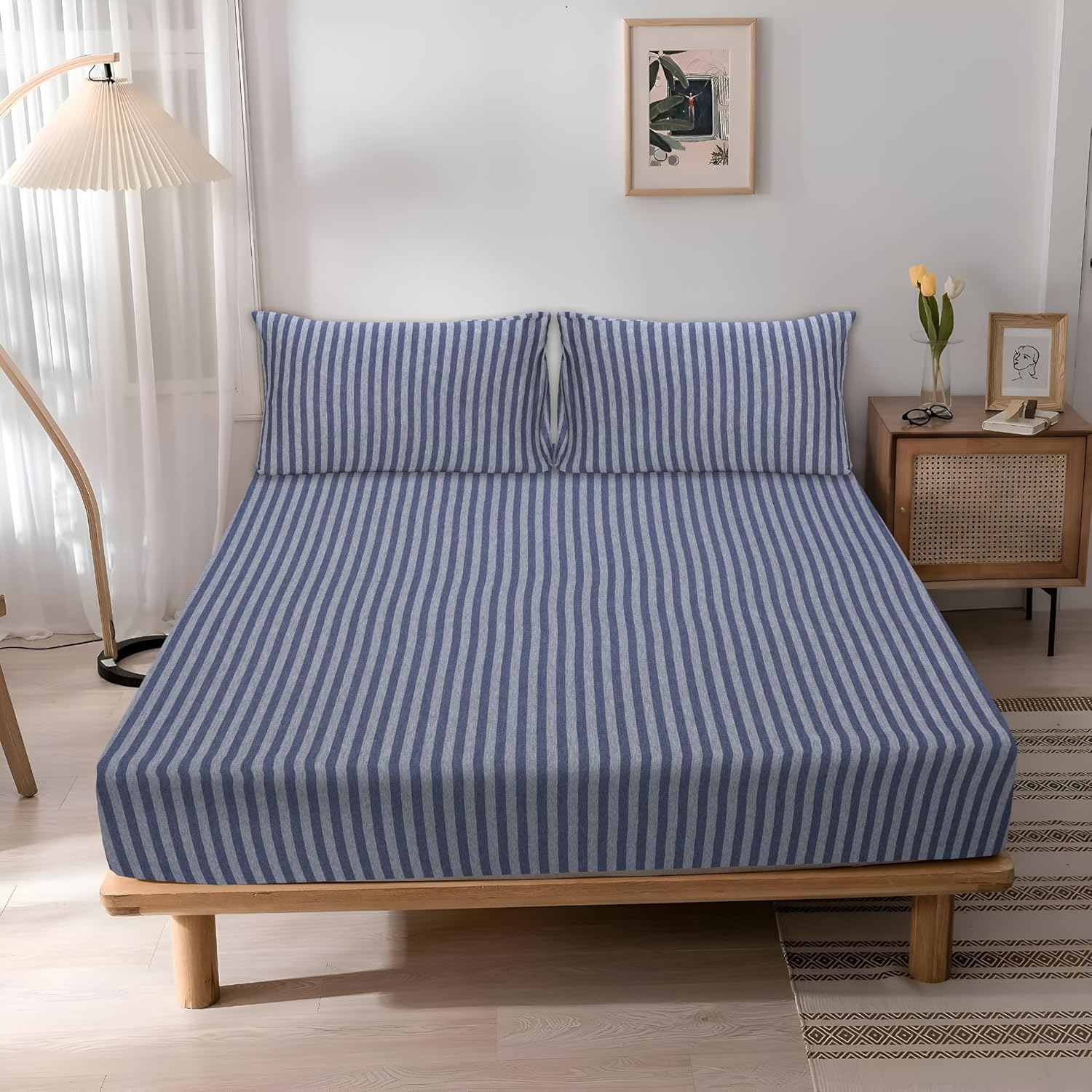 Jersey Cotton Feel Polyester Fitted Bed Sheet With Pillow Covers Fits Up to 6"Mattress