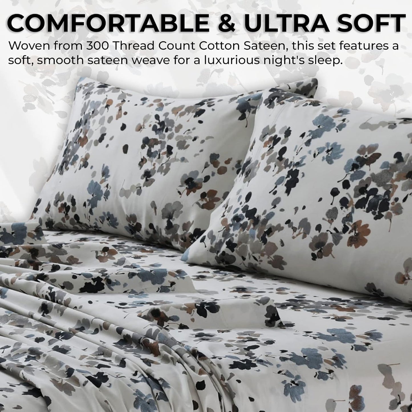 Soft Cotton Sateen Printed Sheets Floral Print, Extra Deep Pocket