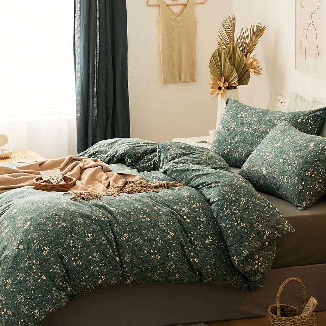 Jersey Knit Cotton Duvet Cover King Green Floral Bedding Sets