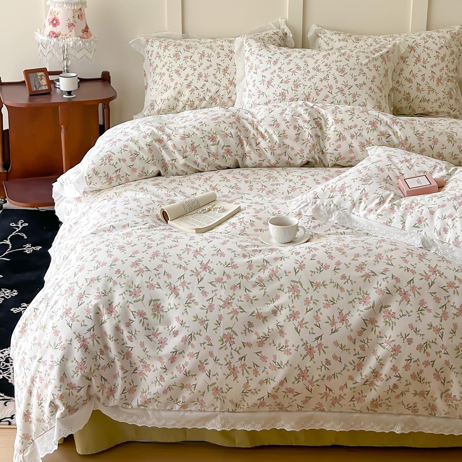 Garden Style Cute Purple Floral Duvet Cover with Ruffle Lace