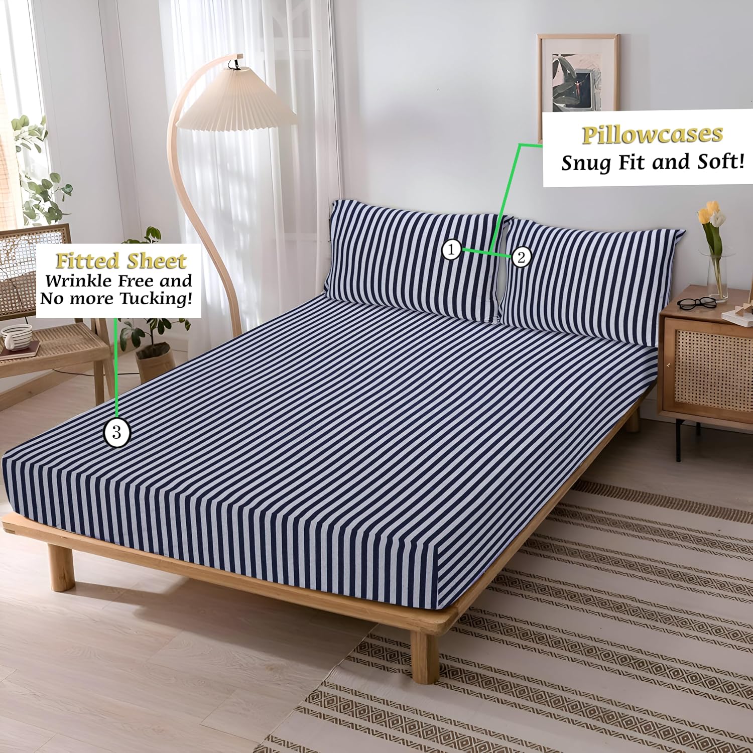 Jersey Cotton Rich Fitted Bed Sheet With 2 Pillow Covers Up to 6" Fits Mattress