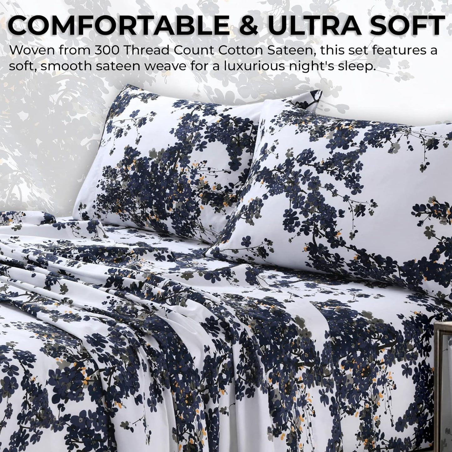 Soft Cotton Sateen Printed Sheets Floral Print, Extra Deep Pocket