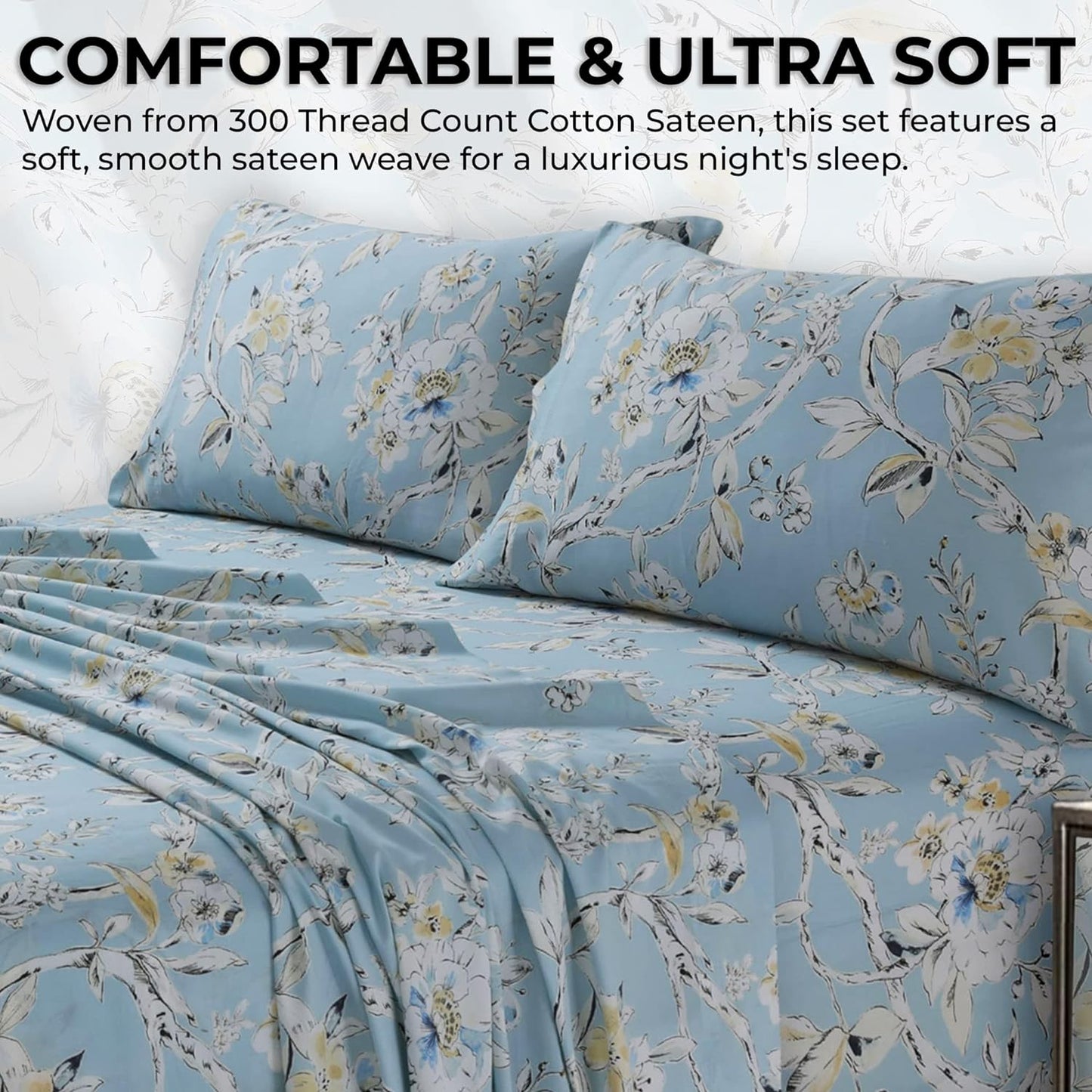 Soft Cotton Sateen Printed Sheets Floral Print, Extra Deep Pocket